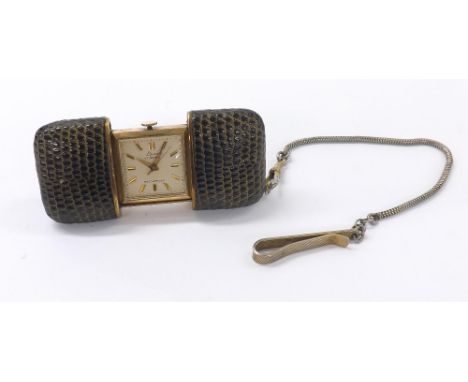 Laco purse watch, square silvered dial with baton markers and centre seconds, reptile skin bound case, 54mm closed; with a sh