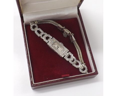 Art Deco platinum and diamond set lady's cocktail watch, rectangular silvered dial with Arabic numerals, Swiss 17 jewel movem
