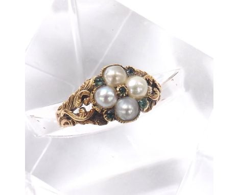 Georgian emerald and pearl cluster yellow metal ring, with engraved and pierced scroll shoulders, 9.5mm, 2.7gm, ring size J