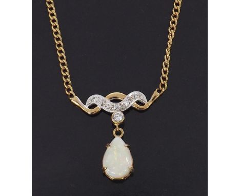 Pear shaped opal and diamond 9ct necklace, the opal 1.50ct approx, 6.2gm 
