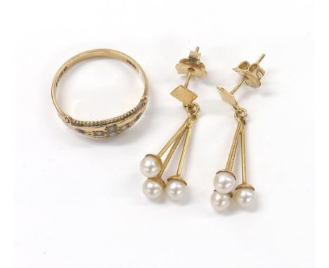 9ct seed pearl and gem set ring, 1.9gm, ring size P/R; also a pair of cultured pearl drop earrings, 2.7gm (3)