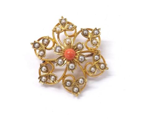 Pretty yellow metal coral and seed pearl floral brooch, 5.9gm, 32mm diameter