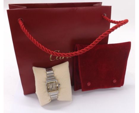Cartier Santos Galbee gold and stainless steel lady's bracelet watch, ref. 1057930, square silvered dial with Roman numerals,