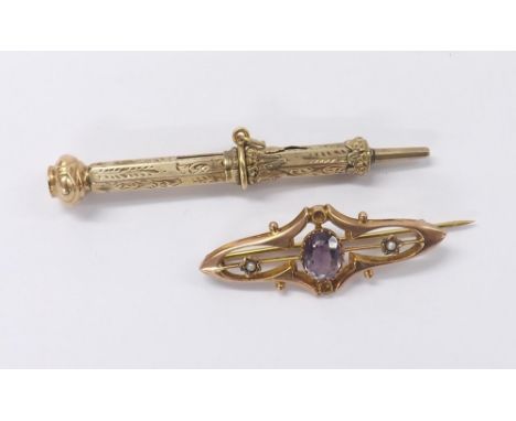 9ct gem set and seed pearl brooch, 1.8gm, 39mm; also an engraved propelling pencil pedant, 5.2gm, 52mm (2) 
