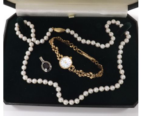 JPR Pearl Company necklace in original box, Sovereign 9ct lady's bracelet watch, 9.4gm, also an 18k white gold pendant, 2.1gm