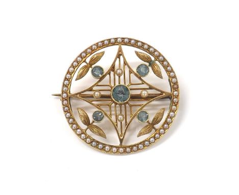 Antique 15ct aquamarine and seed pearl circular openwork brooch, 7gm, 34mm 