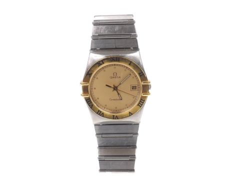 Omega Constellation stainless steel gentleman's bracelet watch, ref. 396.1070, gold bezel and champagne dial with dot markers
