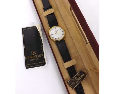 Raymond Weil 18k gold plated gentleman's wristwatch, ref. 9124, white dial with date aperture, quartx, black strap with RW bu
