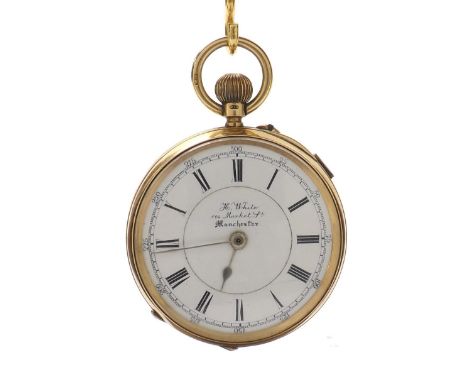 Late Victorian 18ct chronograph lever pocket watch, Chester 1899, three quarter plate lever movement signed H. White, Manches