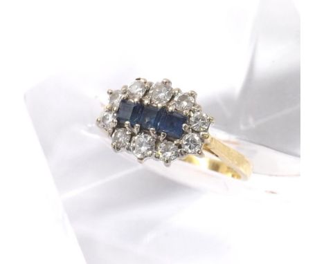 18ct and platinum sapphire and diamond cluster ring, with three princess-cut sapphires in a setting of ten round brilliant-cu