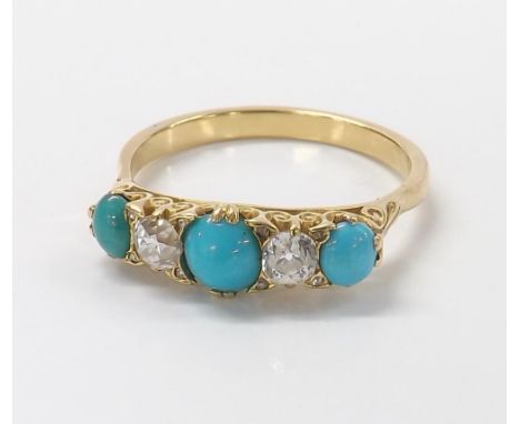 Attractive turquoise and diamond claw set ring, with three turquoise in an old-cut diamond surround, 4.7gm, band width 7mm, r