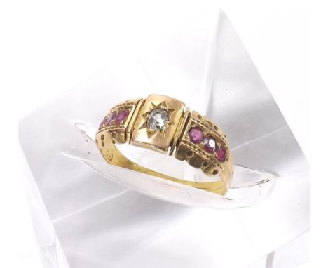 Mid Victorian 22ct ruby and diamond ring, London 1851, band width 7.5mm, 2.6gm, ring size N-