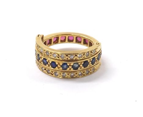 18ct yellow gold diamond, ruby and sapphire swivel hinged eternity ring, 8.5gm, ring size N  