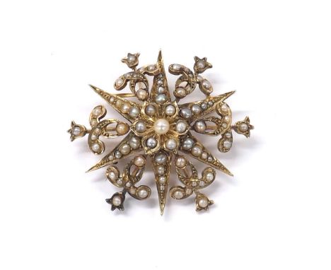 Edwardian 9ct seed pearl star and foliate pendant, 9.2gm, 37mm 