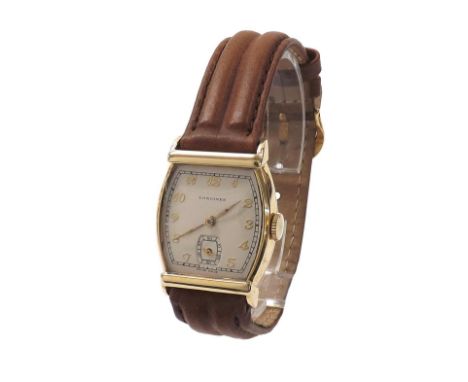 Longines 14k yellow gold gentleman's wristwatch, circa 1947, tonneau silvered dial with applied Arabic numerals and subsidiar