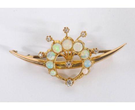 Antique gold opal and diamond set crescent curved brooch, 4.6gm, 47mm wide 
