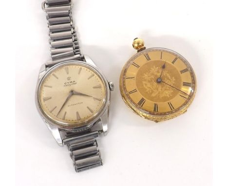 Continental cylinder gold engraved fob watch, the gilded dial with Roman numerals, 36.3gm, 36mm (lacking bow); also a Vintage