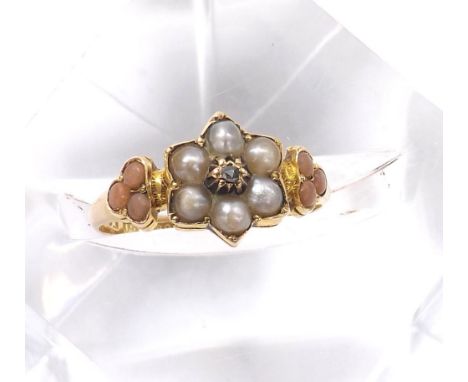 Victorian 15ct pearl, coral and diamond cluster ring, Birmingham 1873, 10mm, 2.2gm, ring size O/P 