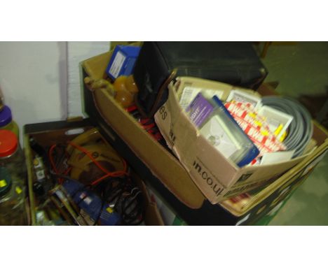 3 x boxes of oddments including power tools, wire, camera bag, knife sharpener etc.