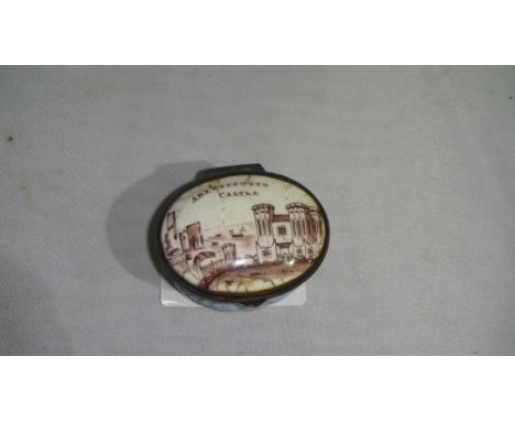 18th century Bilston enamel pill / patch box, decorated as a souvenir of Aberystwyth Castle , hinged lid damaged and some los