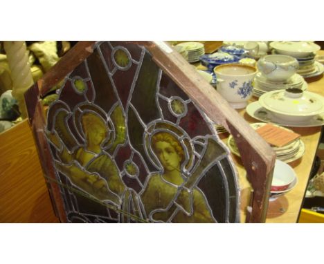 19th century stained glass window depicting Angels playing musical instruments taken from a church in Keighley, Yorkshire, in