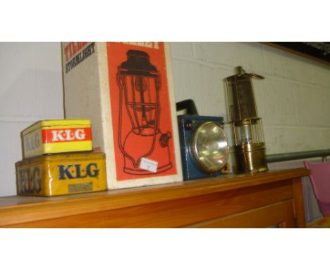 Vintage Tilley lamp, KLG advertising tins torch, antique style brass miners lamp, 