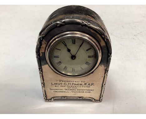 Edwardian silver mounted desk clock (Birmingham 1906), with later engraved presentation inscription, 'Presented to Lieut. G. 