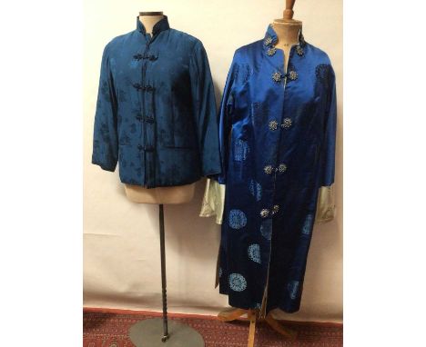 Vintage Chinese blue silk brocade jacket by Dolls House size small, two Chinese silk hostess dresses with manderine collars a