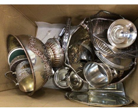 Large quantity of silver plate including Mappin &amp; Webb large silver on copper punch bowl etc (2 boxes). 