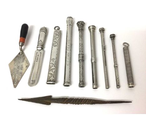 Lot Victorian silver propelling pencils, silver knife novelty book marker, minature silver trowel and an arrow head (10)None 