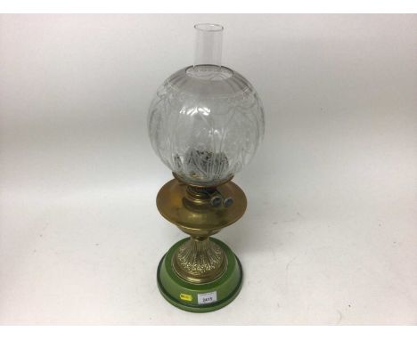 Edwardian brass oil lamp with etched glass shade and ceramic base, by Wright &amp; Butler, BirminghamA few minor nicks and ch