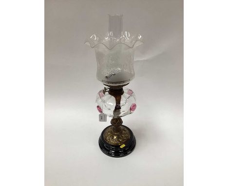Victorian oil lamp, with cranberry balloon design and etched shade, total height 52cmIn good order overall, a couple of minor