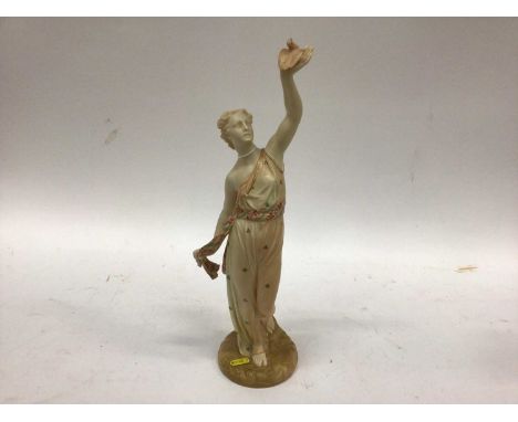 Royal Worcester Blush James Hadley figure of a classical female holding a bird, 41.5cm highRight hand restored, otherwise in 