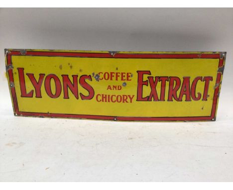 Vintage enamel sign - 'Lyons Coffee and Chicory Extract' - red on a yellow sign, 90 x 30cm