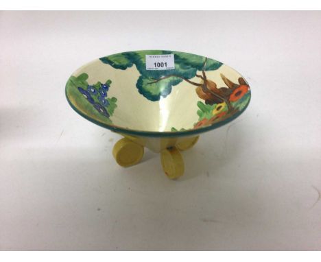 Art Deco Clarice Cliff Bizarre 'Fragrance' pattern bowl of conical form with four circular disc feet, 19.5cm diameterGood con