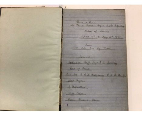 1905 journal handwritten by Private Pavier 2nd Volunteer Battalion, Oxford Light Infantry, School of Cookery. Journal gives i