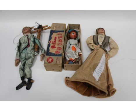 Pelham puppet LS type Girl in original box, one other puppet with papier-mâché head.  Plus a Latvian doll, papier-mâché head 