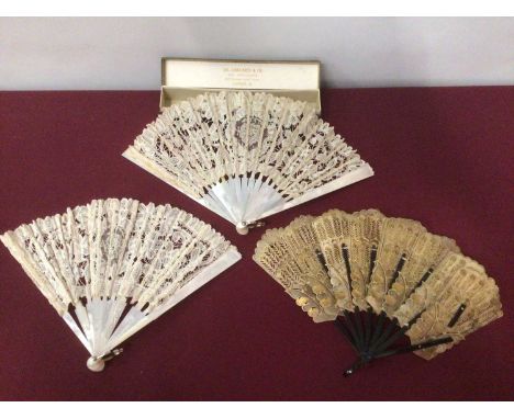 Collection of nine antique and vintage fans including a small lace and mother of pearl fan in Jas Shoolbred &amp; Co fan box 