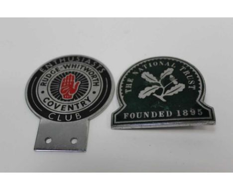 Vintage chrome and enamel National Trust car badge, together with a Rudge - Whitworth enthusiasts club chrome and enamel car 