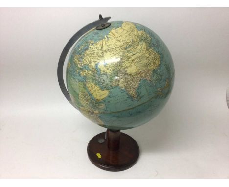 Philips 13 1/2 inch standard globe on wooden base with compass, 53cm high