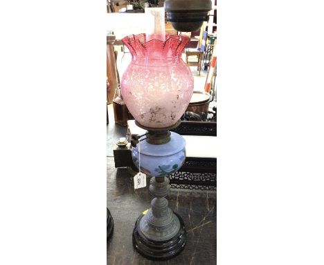 Edwardian Duplex oil lamp, with blue glass resavouir and etched cranberry glass shade, 65cm in overall height.Some minor nick