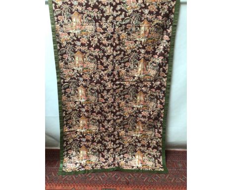 A pair of vintage waxed cotton curtains with Chinese garden scenes. Ring headings for hanging. 120 x 220 cm approximately.Cur
