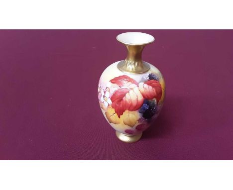 Royal Worcester vase with hand painted berry and leaf decoration, signed K Blake, 13cm high