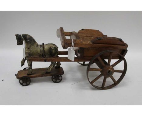 Antique carved wooden toy horse and cart together with Pelham puppet in box 'Gypsy' (2)