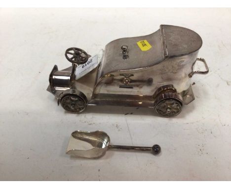 Early 20th century silver plated sugar bowl or caddy in the form of a vintage car with engraved decoration, marked to undersi