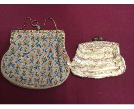 Vintage purses, one French silk, lace and ribbons the other petite point embroidery, black flapper style dress, jacket with p