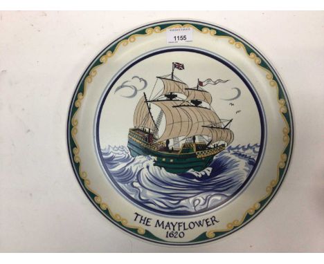 Poole pottery dish 1977 - The Mayflower 1620, ship drawn by A S Morris and painted by Susan Pottinger, 32cm diameter