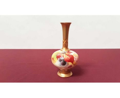 Royal Worcester slender neck vase with hand painted berry and leaf decoration, signed K Blake, 15cm highIn good condition wit