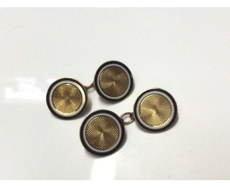 Pair French gold round panel cufflinks with enamel bordersOne cufflink is stamped with the French eagle's head hallmark. Weig
