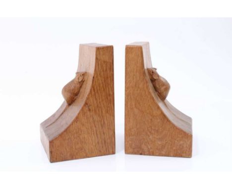 Pair of Robert 'Mouseman' Thompson of Kilburn, carved oak bookends, 16cm high